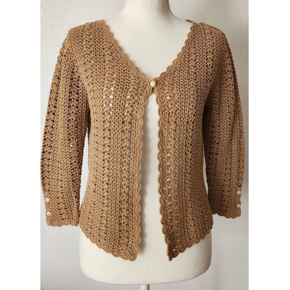Valerie Stevens Vintage Crochet Cardigan Tan Cotton Boho Cottagecore Petite M
